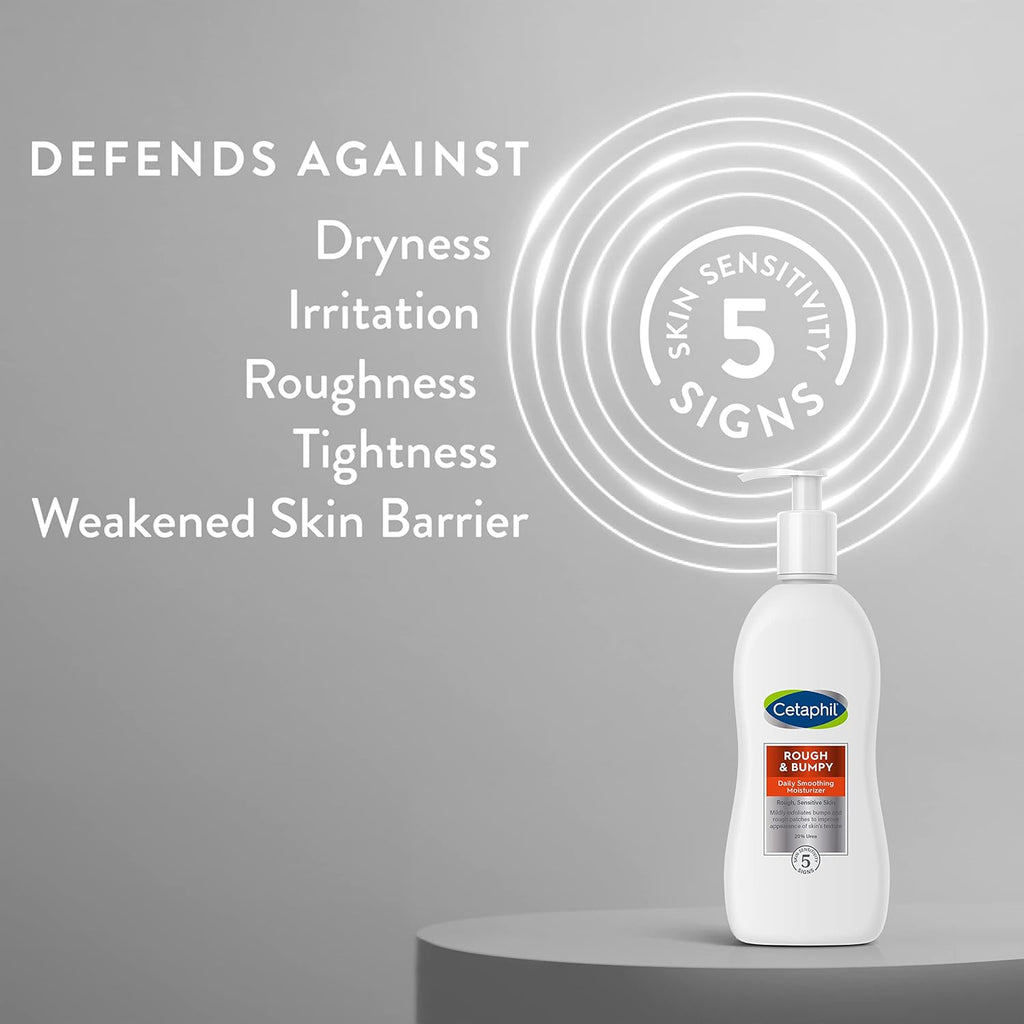 Cetaphil bottle on a gray background with text about skin care benefits