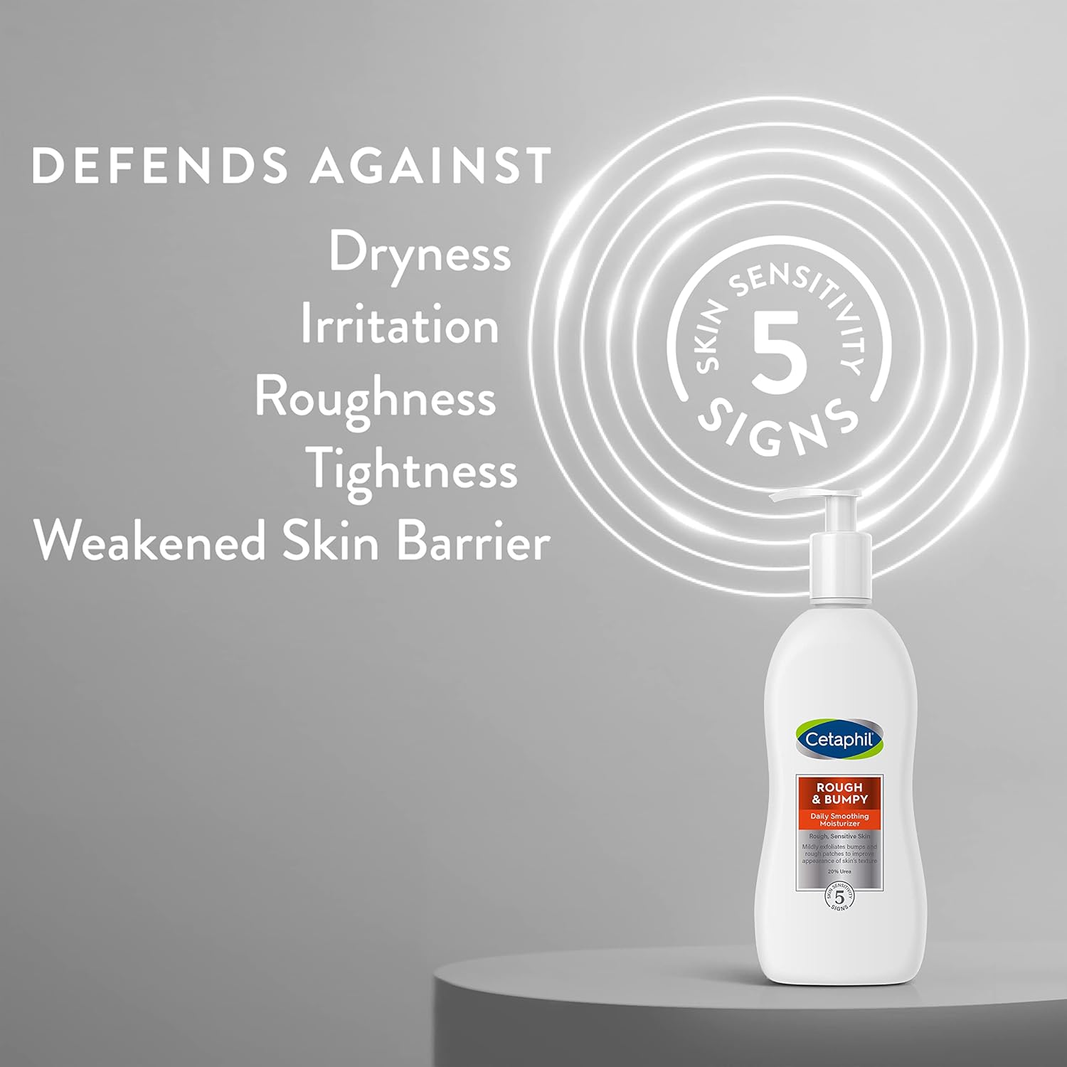 Cetaphil bottle on a gray background with text about skin care benefits