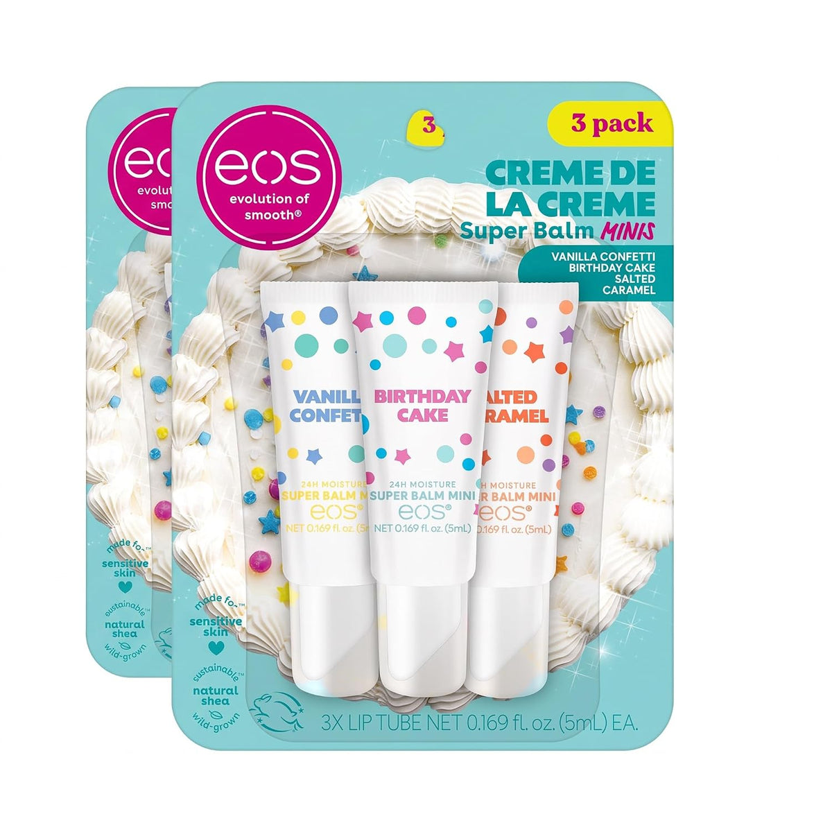 A 3-pack of EOS Evaluation of Ingredients Super Balm Mins in Vanilla Confetti, Birthday Cake, and Altered Caramel flavors, shown in their original blister packaging.