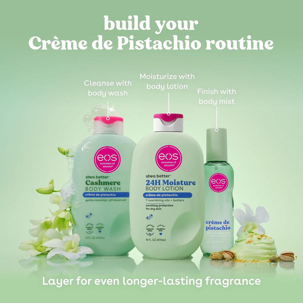 eos Crème de Pistachio body care products on a green background with text on how to build a routine.
