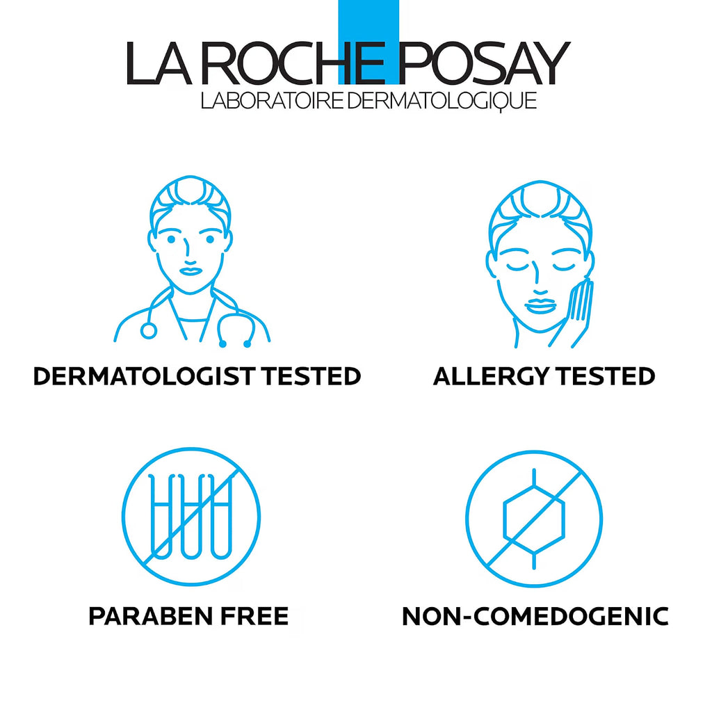 La Roche-Posay logo and icons indicating dermatologist tested, allergy tested, paraben free, and non-comedogenic on a white background.