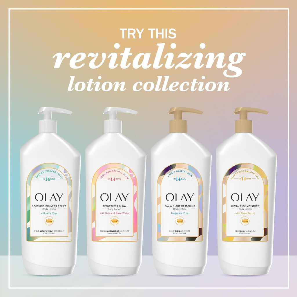 Four Olay body care pump bottles arranged in a row on a pastel gradient background with the text 'TRY THIS revitalizing lotion collection' above them. The bottles are white with pump dispensers and decorative labels in green, pink, gold, and beige tones.