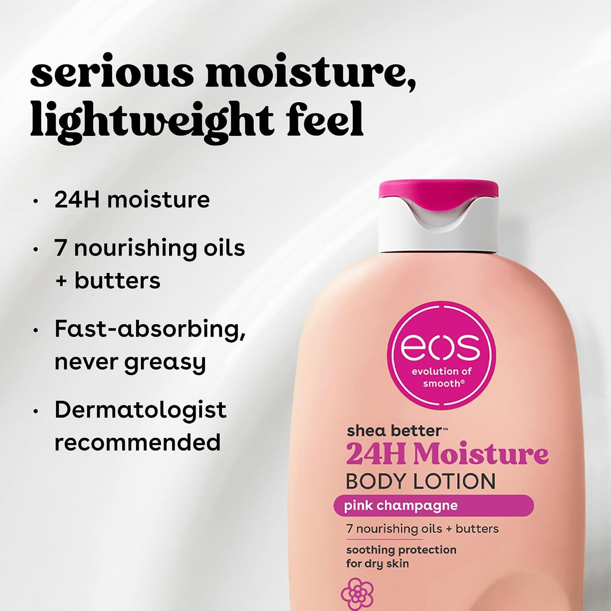 EOS shea butter 24H Moisture Body Lotion bottle with product features on a white background