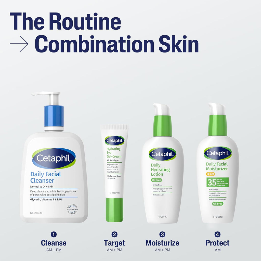 Cetaphil skincare products for combination skin on a light gray background