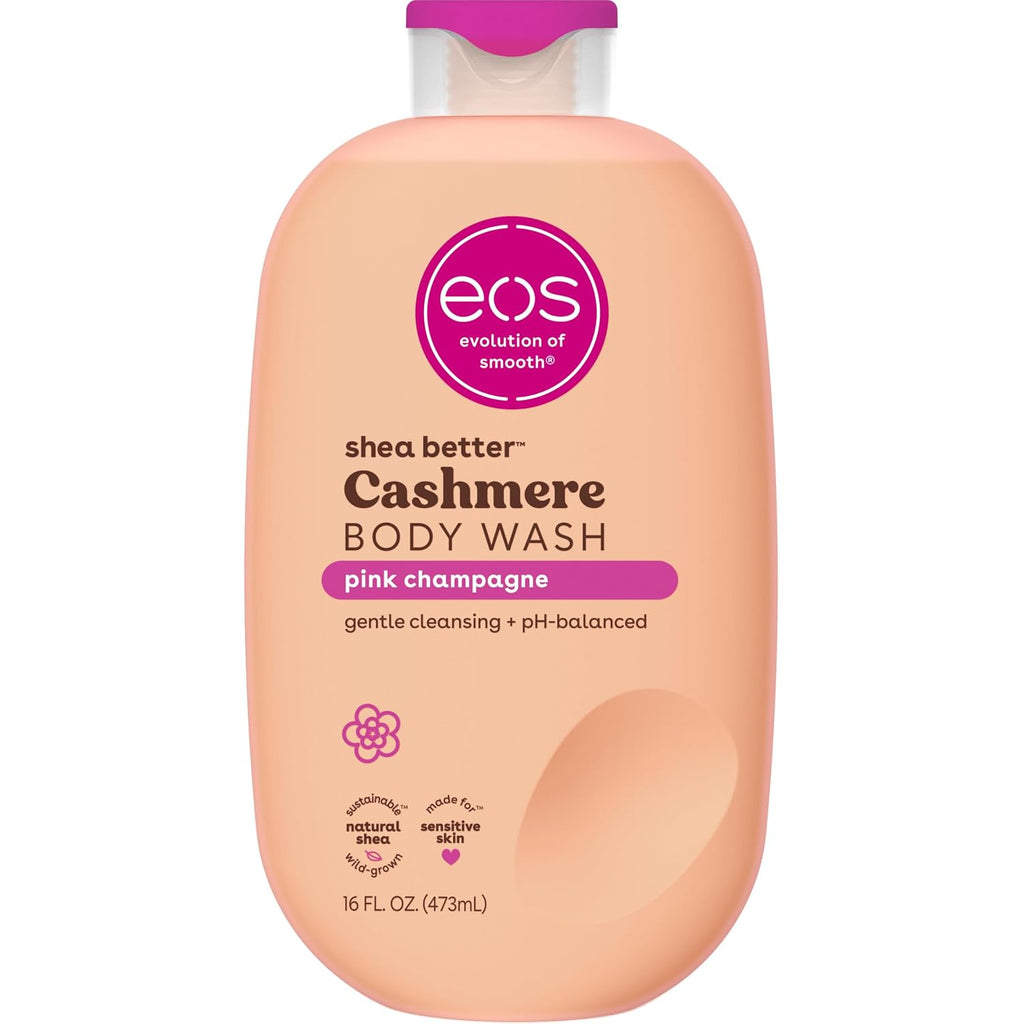 EOS shea better Cashmere Body Wash bottle with pink champagne scent on a white background