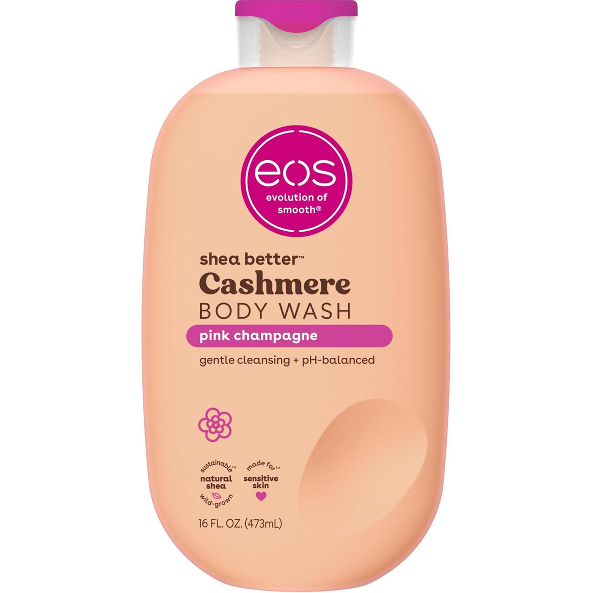 EOS shea better Cashmere Body Wash bottle with pink champagne scent on a white background