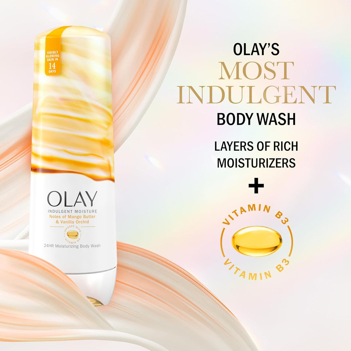 Olay body wash bottle with product details on a gradient background