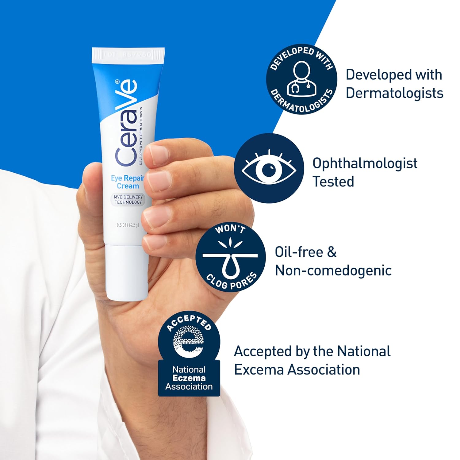 CeraVe eye repair cream tube held by a hand with product features highlighted on a blue background