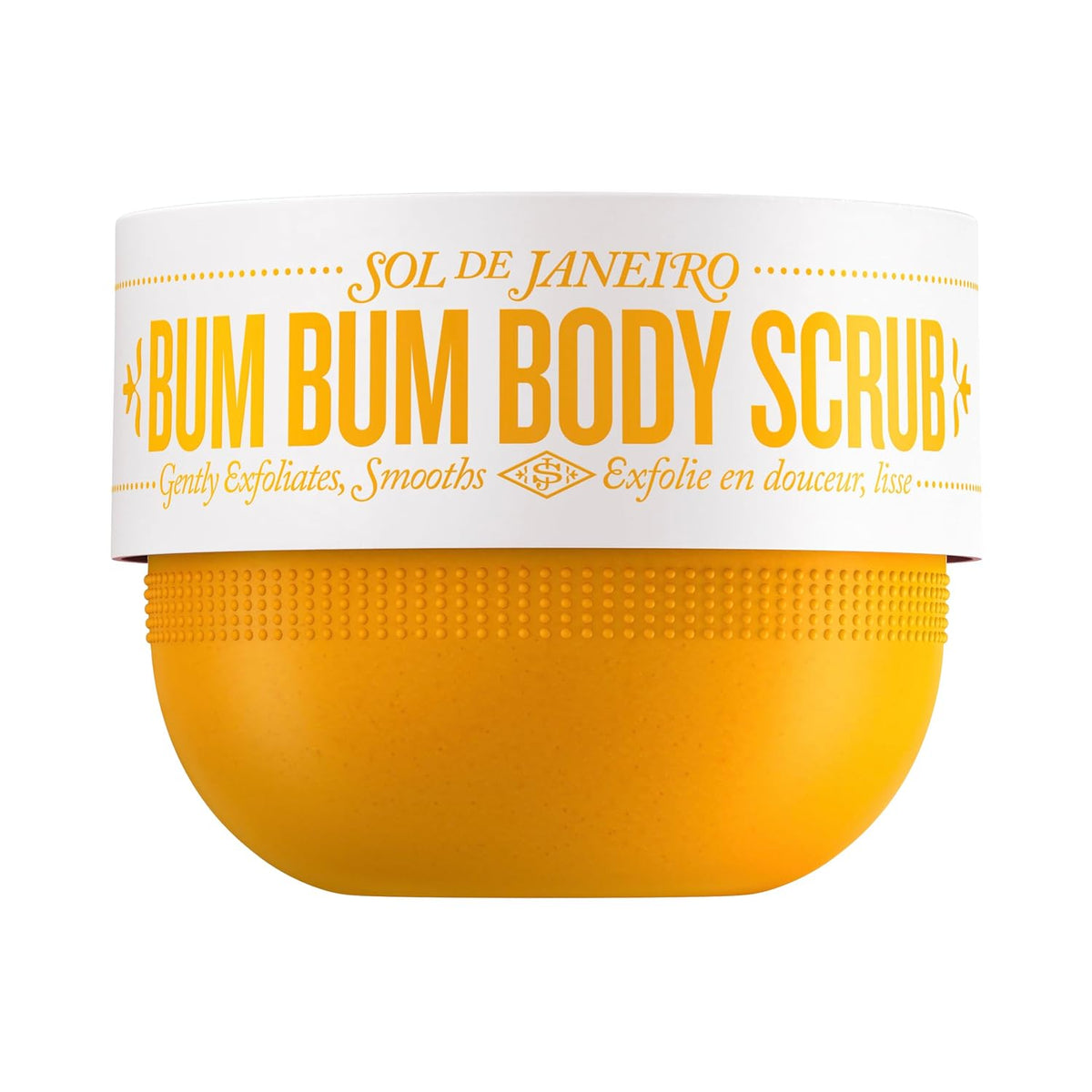 A jar of Sol de Janeiro Bum Bum Body Scrub with a white label and bright yellow-orange scrub visible inside, set against a plain white background.