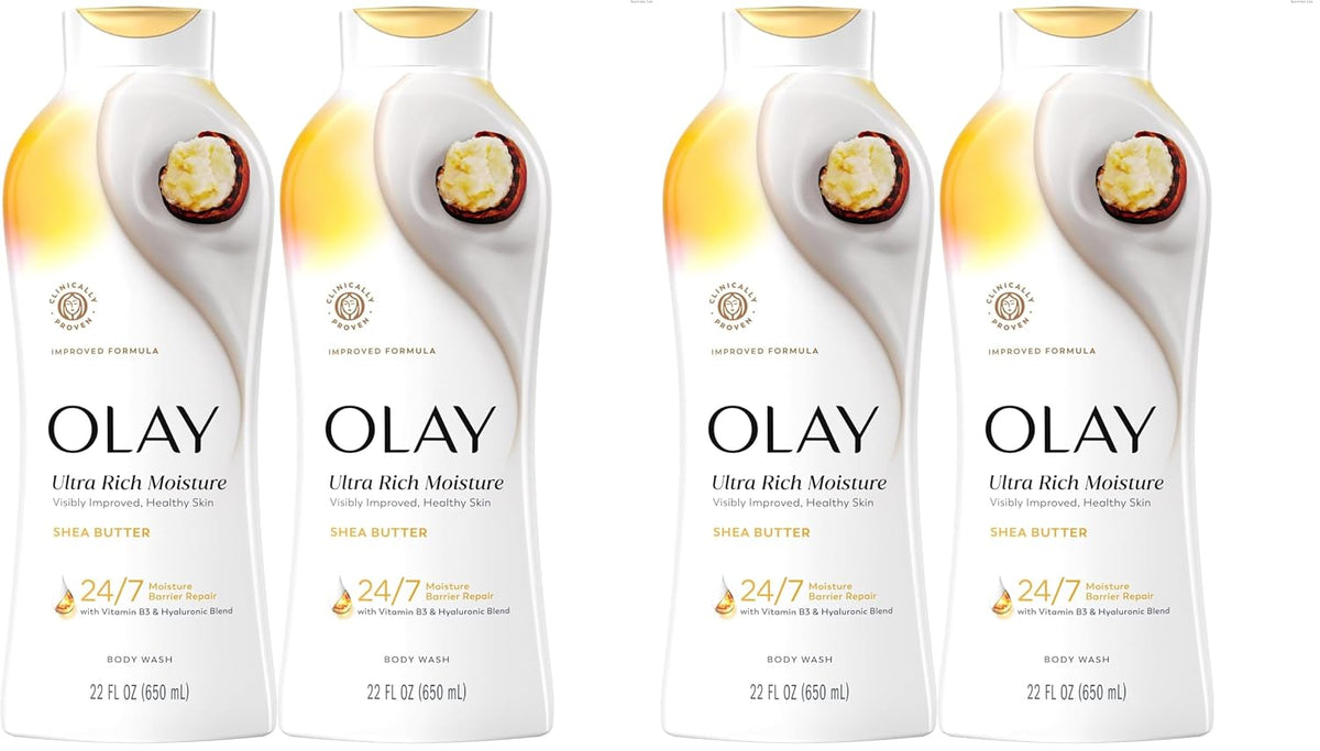 Four bottles of Olay Ultra Rich Moisture Shea Butter body wash arranged in two rows of two on a plain white background.