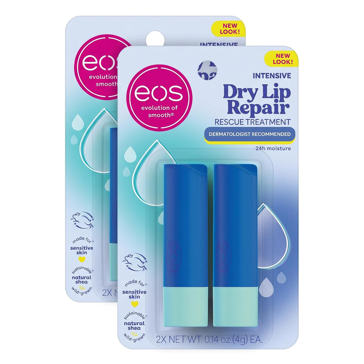 Two EOS Intensive Dry Lip Repair Rescue Treatment lip balm sticks in a 2-pack blister card, shown on a plain white background.