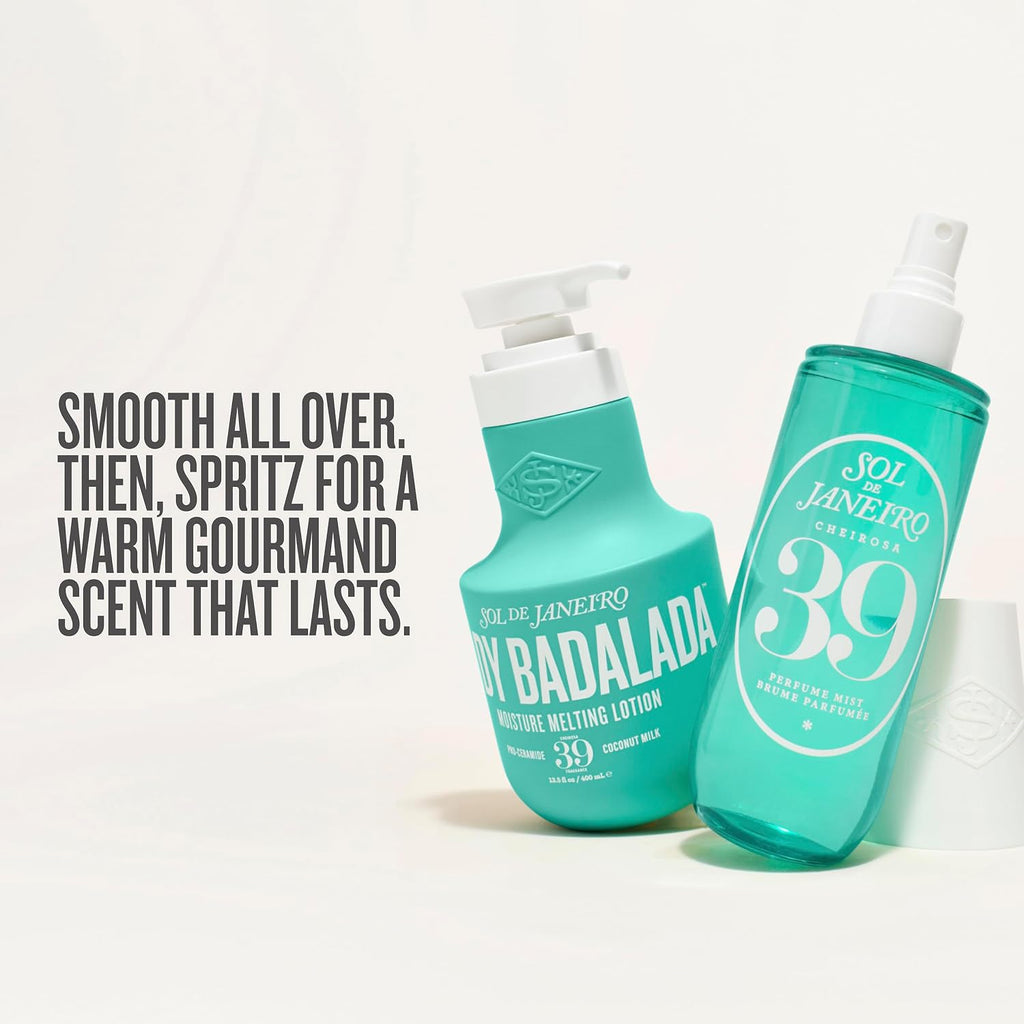Two Sol de Janeiro Cosmetics products, Badalada Moisture Melting Lotion and 39° Essential Mist, in a vibrant teal color, displayed on a clean white background with promotional text on the left.