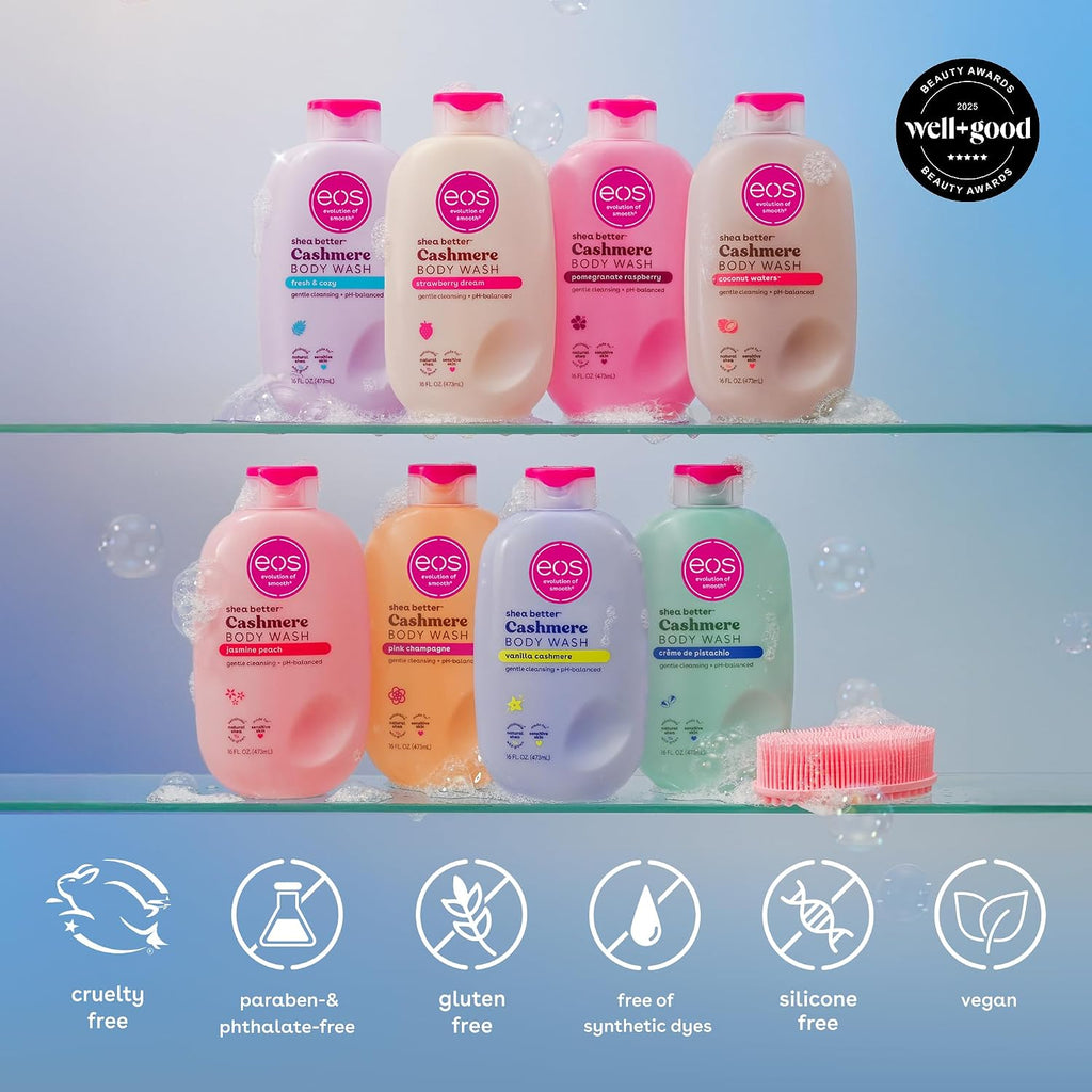 Six EOS Cashmere Foot Wash bottles in assorted pastel colors arranged on glass shelves, with a pink scrubber and a black 'Well+good Beauty Awards' badge. The image also features icons at the bottom indicating cruelty-free, parabens-free, gluten-free, free of synthetic dyes, silicone-free, and vegan.