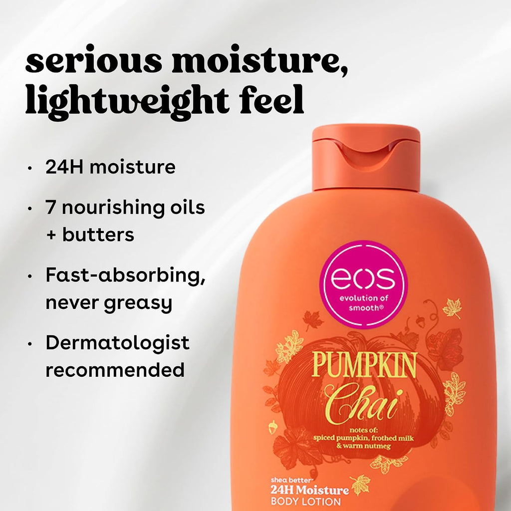 An orange bottle of EOS Evolution of Smooths Pumpkin Chai body lotion on a white background with promotional text highlighting 24H moisture and nourishing oils.