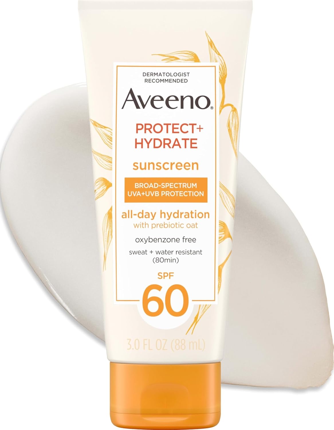 Aveeno Protect+ Hydrate sunscreen SPF 60 in a 3.0 fl oz squeeze tube, shown against a white background with a soft cream-colored splash behind it.