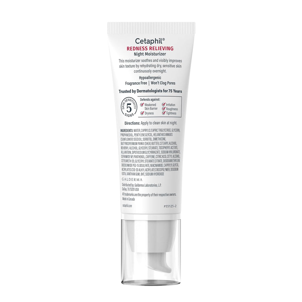 A single tube of Cetaphil Redness Relieving Night Moisturizer on a plain white background. The white squeeze tube features black and red text, with a clear cap, and is shown from a front-facing perspective.