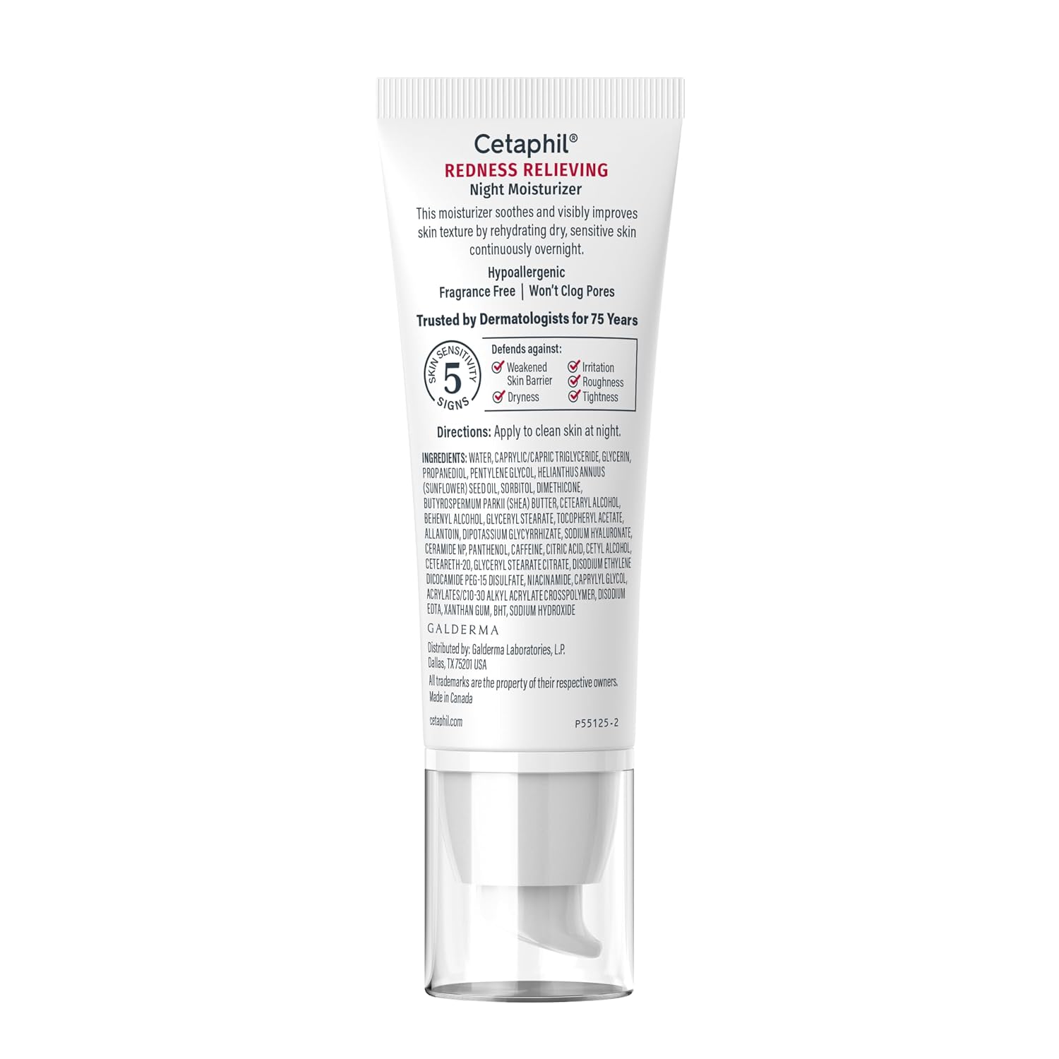 A single tube of Cetaphil Redness Relieving Night Moisturizer on a plain white background. The white squeeze tube features black and red text, with a clear cap, and is shown from a front-facing perspective.