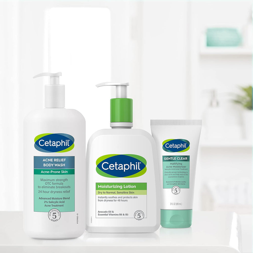 Cetaphil skincare products including body wash, lotion, and tube on a white background
