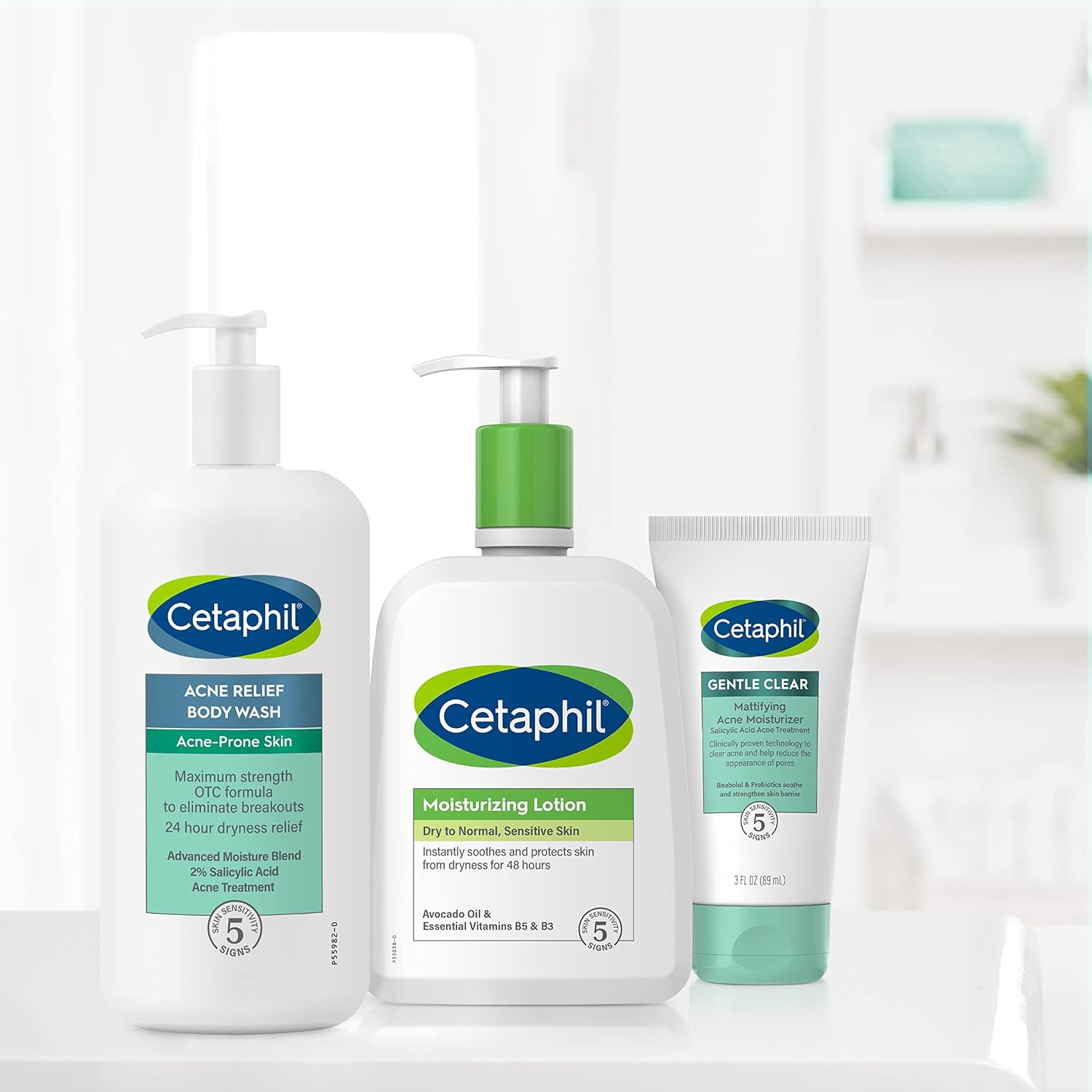 Cetaphil skincare products including body wash, lotion, and tube on a white background