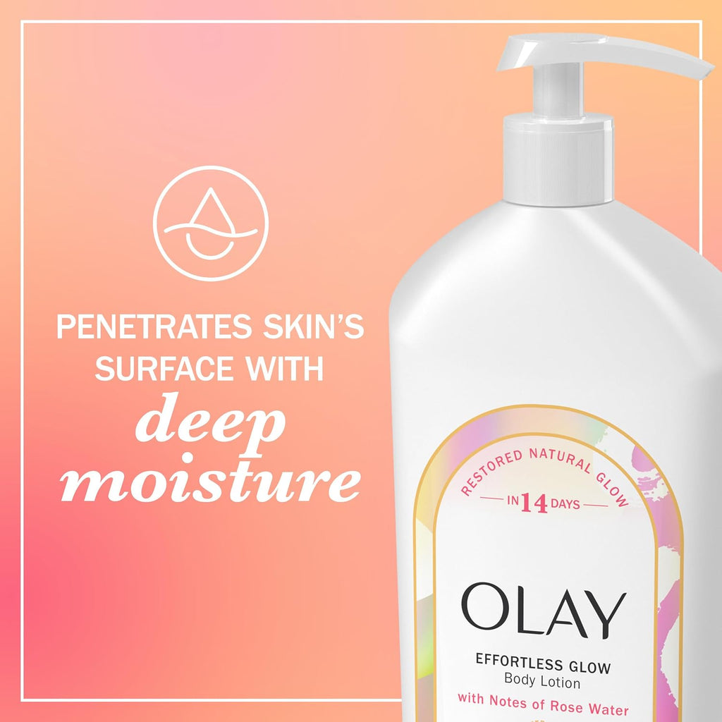 Olay Effortless Glow Body Lotion bottle on a peach-to-pink gradient background with promotional text about deep moisture penetration.