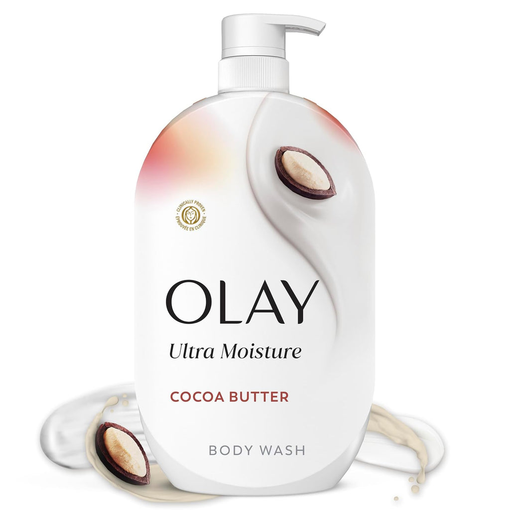 Olay Ultra Moisture Cocoa Butter Body Wash in a white pump bottle with cocoa butter illustrations, shown on a clean white background with liquid splashes at the base.