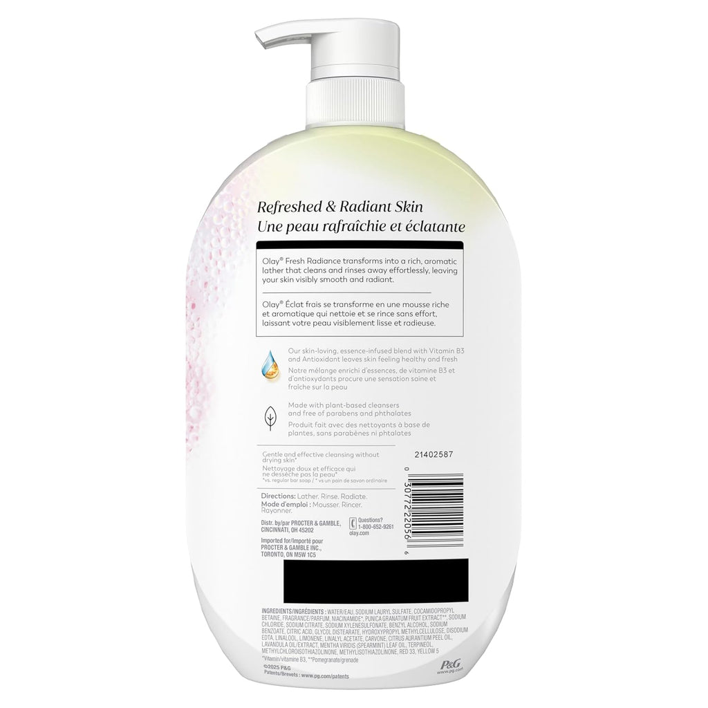 Back view of a large white pump bottle of Dr. Gérée Refreshed & Radiant Skin body wash, showing the product's back label with text and a barcode on a white background.