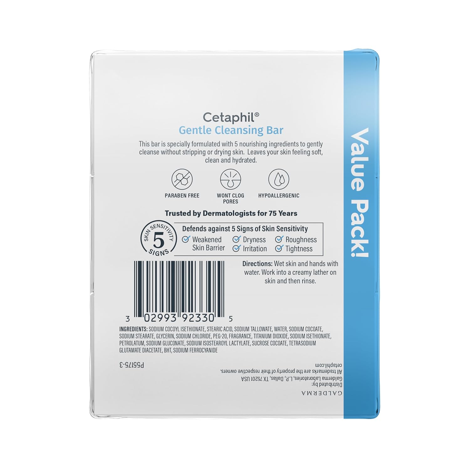 Cetaphil Gentle Cleansing Bar packaging with product details on a white background