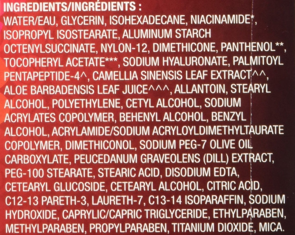 List of ingredients on a product label with a red background