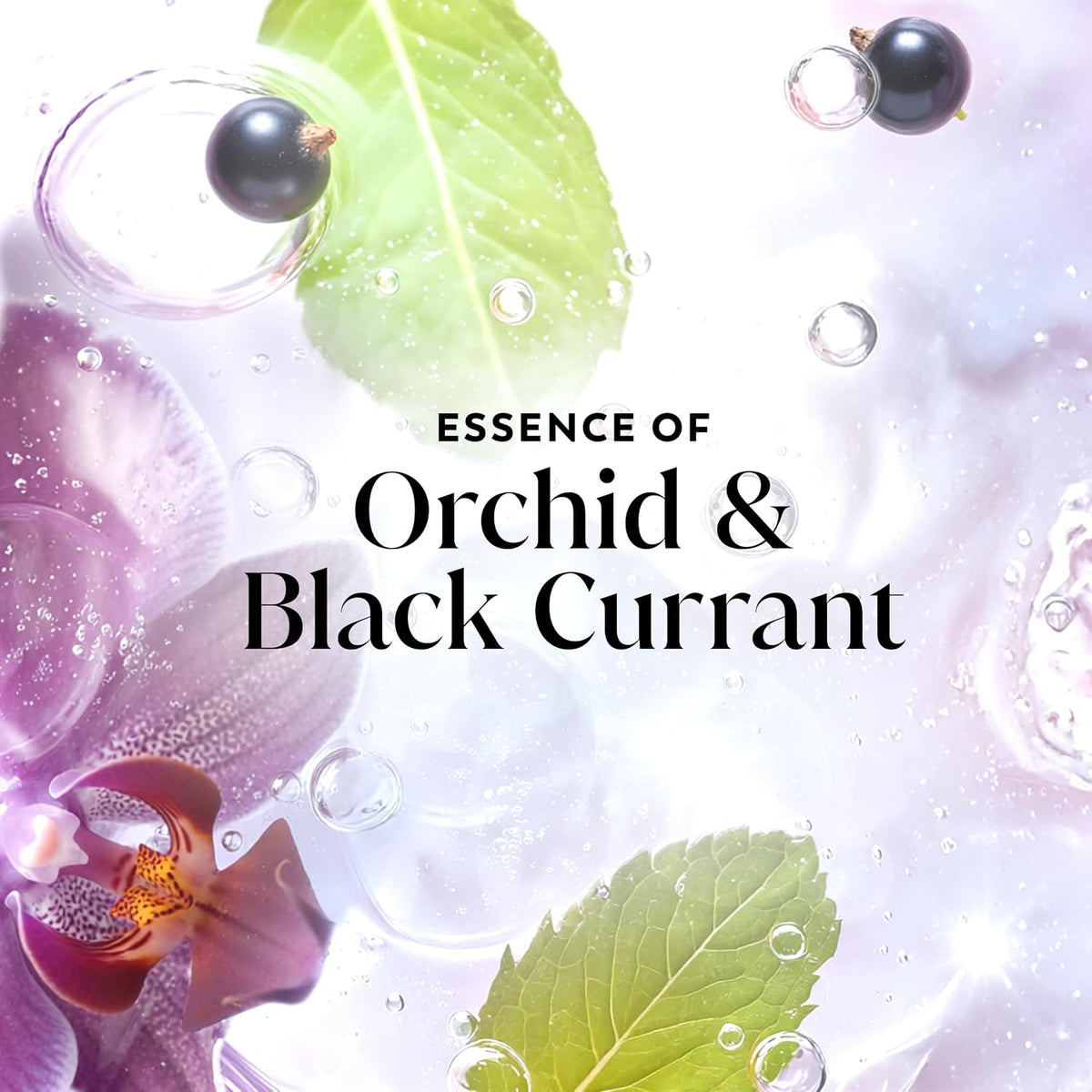 Product packaging with orchid, black currant, and leaves on a light background