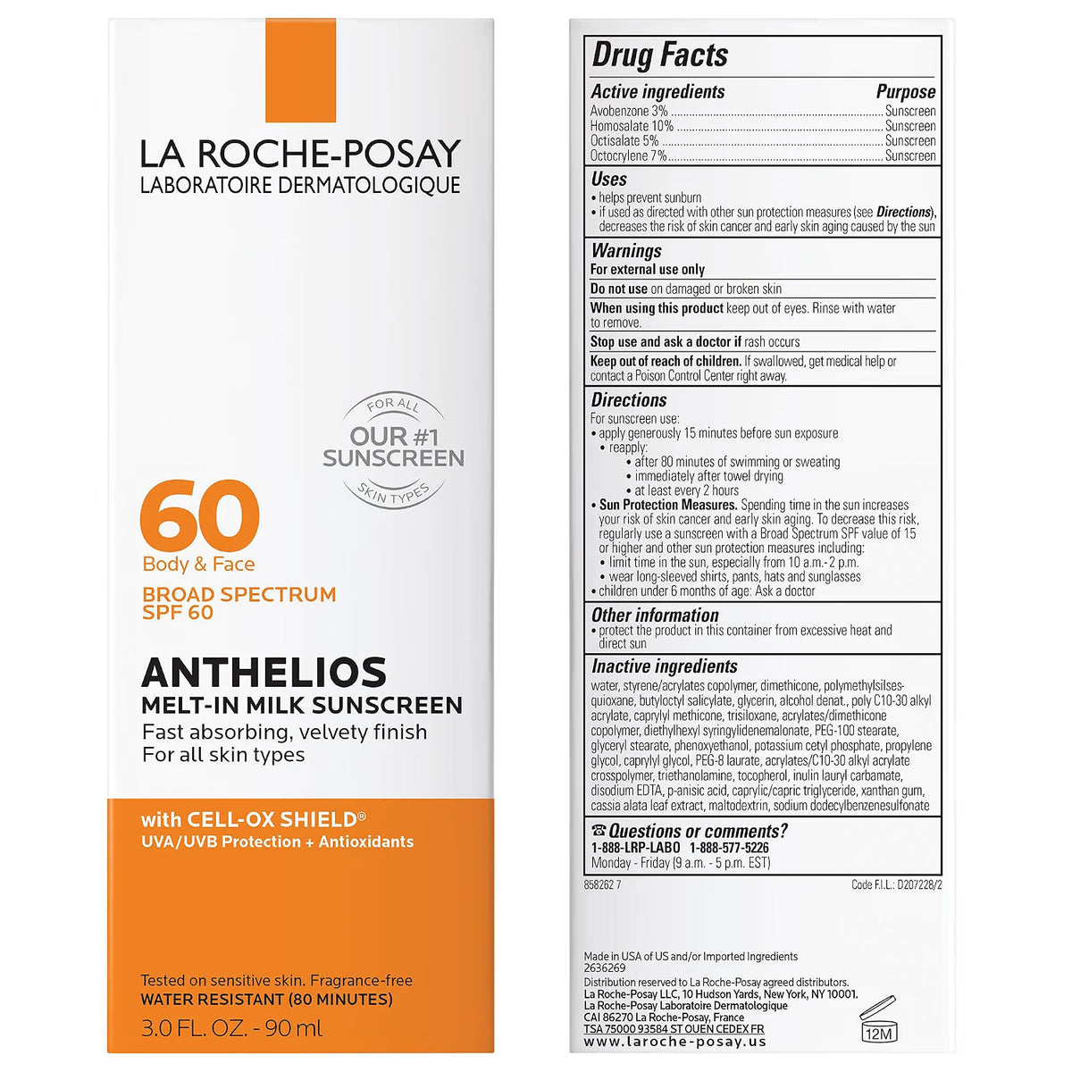 Front and back of a La Roche-Posay Anthelios melt-in milk sunscreen 3.0 FL OZ - 90 mL bottle packaging on a white background.