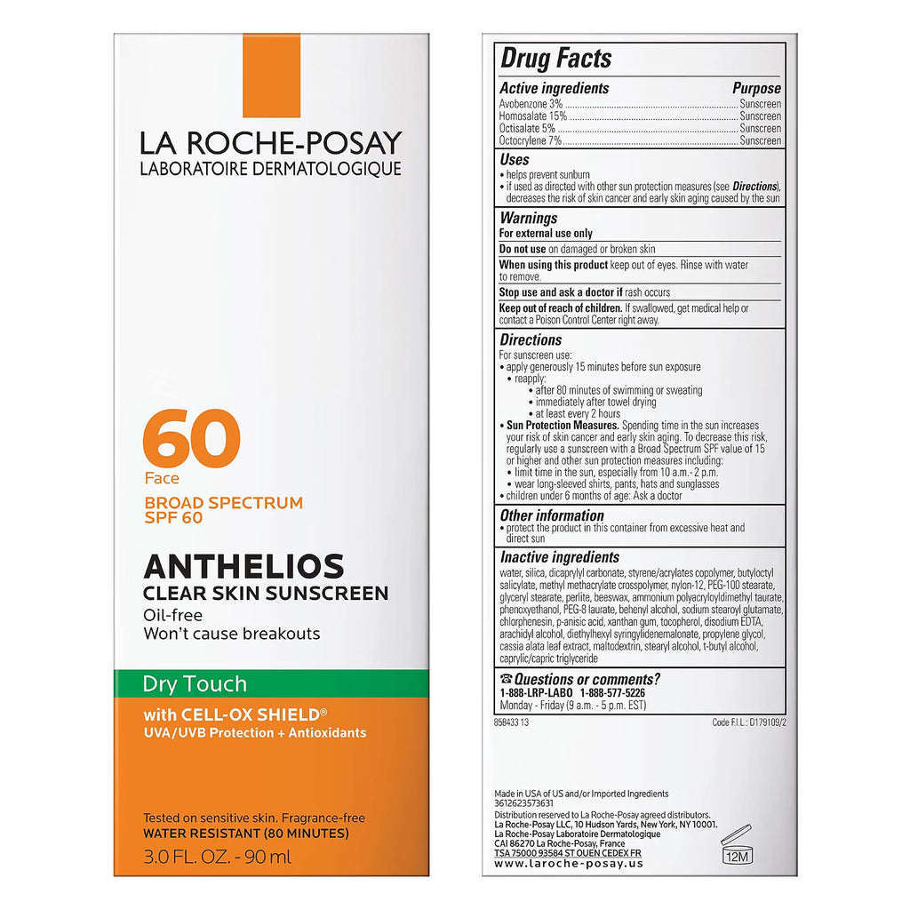 La Roche-Posay sunscreen tube in a pack with clear skin sunscreen label on a white background