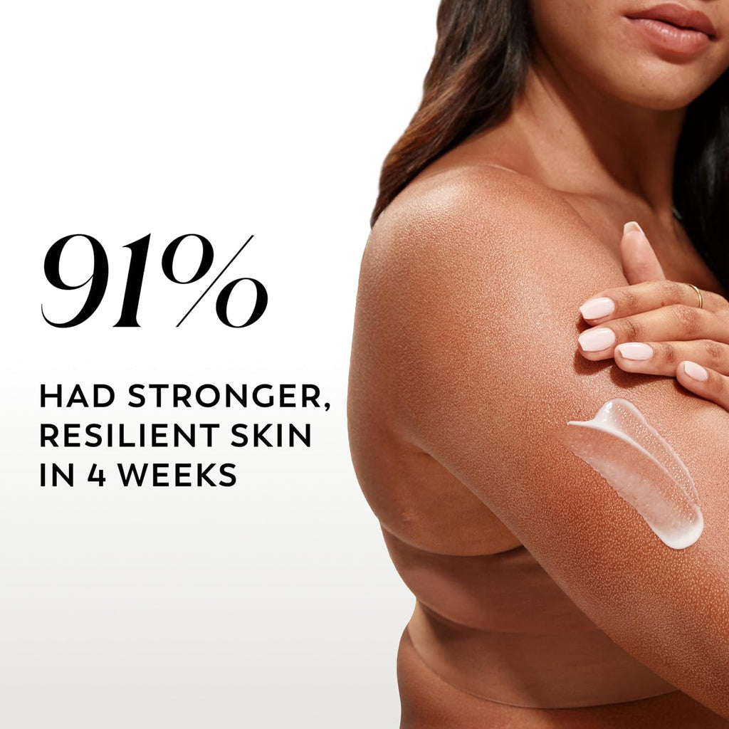 Woman applying skincare product with text about skin improvement results.