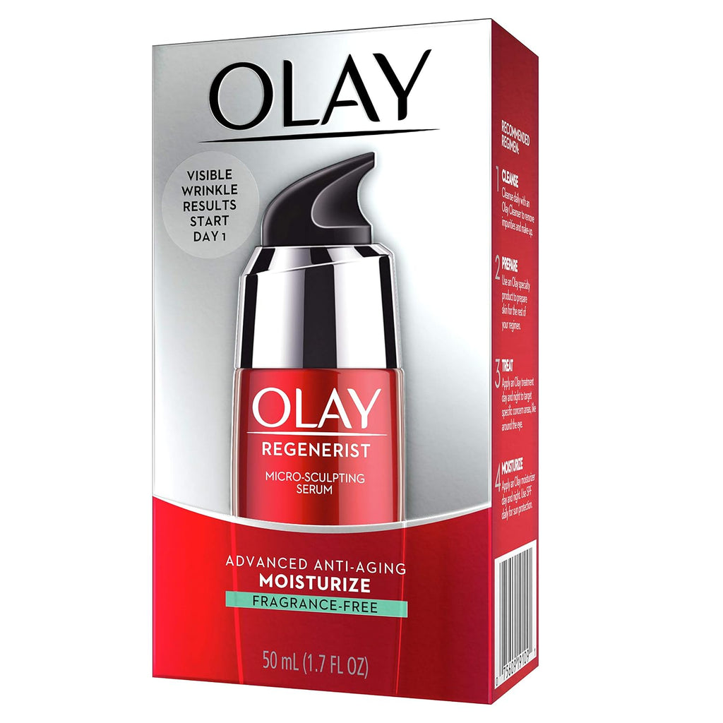 Olay Regenerist Micro-Sculpting Serum in a red and silver box with a depiction of the red and black serum bottle on the front.