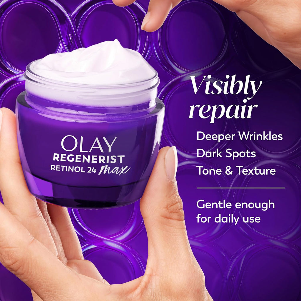 Olay Regenerist jar with cream being held, purple background with text about product benefits