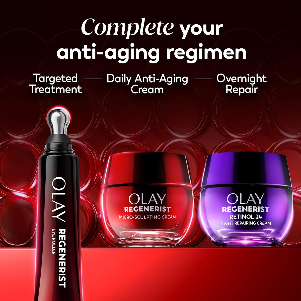 Olay Regenerist skincare products on a red background with text about anti-aging regimen.