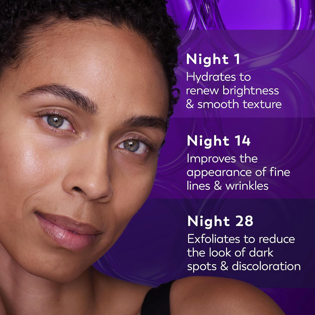 Woman's face with skincare product description on a purple background