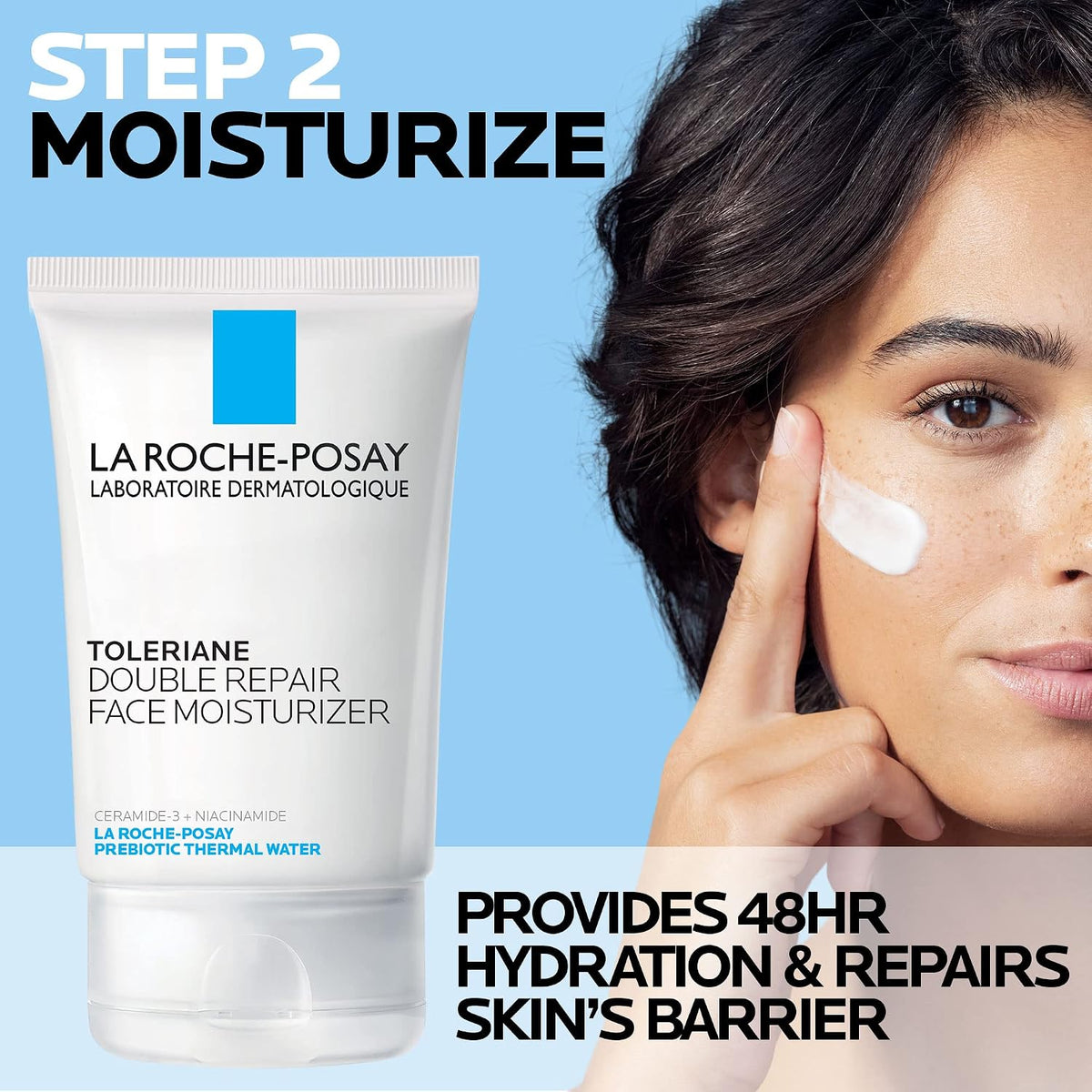 La Roche-Posay moisturizer with a woman applying it on her face against a blue background