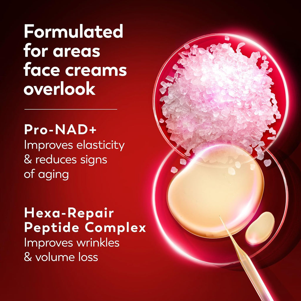 Cosmetic product with Pro-NAD+ and Hexa-Repair Peptide Complex on a red background