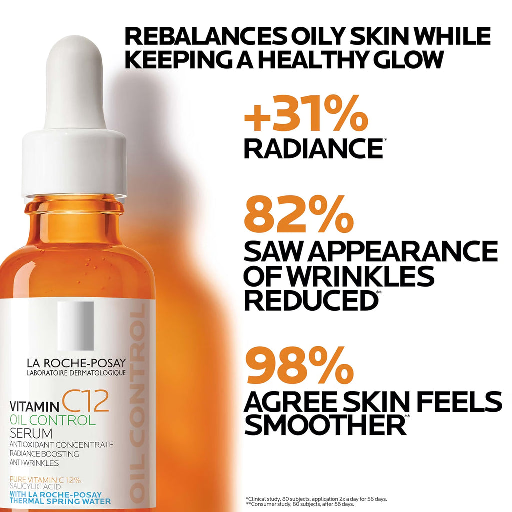 La Roche-Posay Vitamin C12 Oil Control Serum with product details on a white background