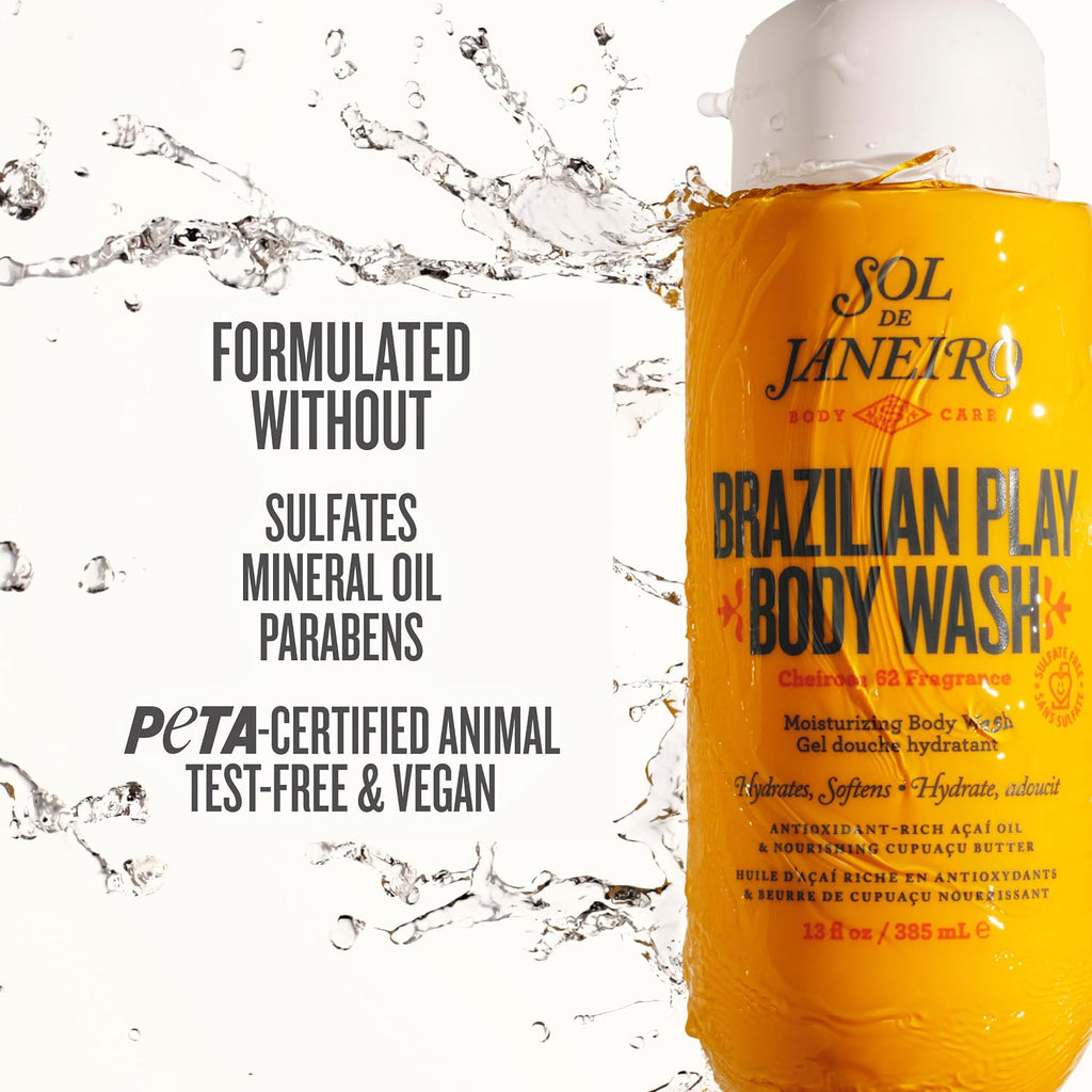 Sol de Janeiro Brazilian Play Body Wash bottle with water splashes on a white background