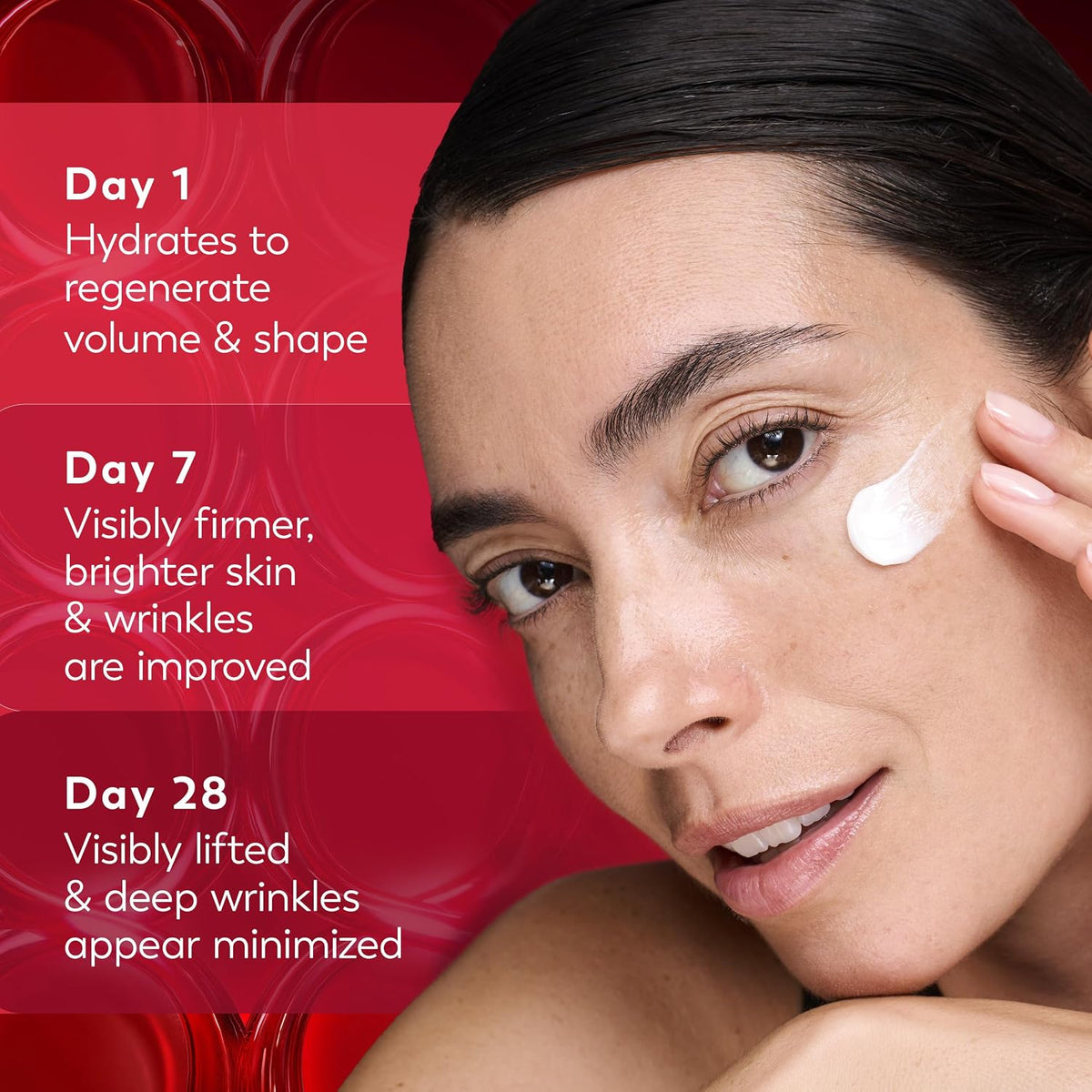 Woman applying cream with skincare product claims on a red background