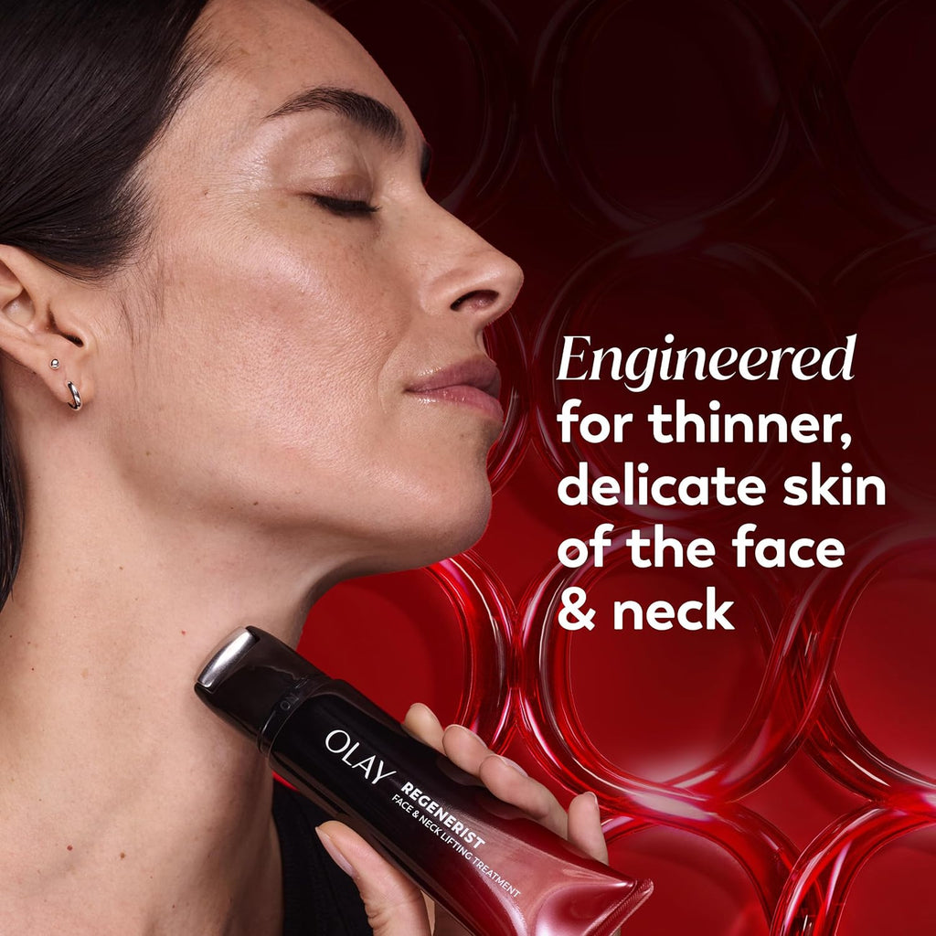 Woman holding Olay Regenerist product with red background and text about skin texture