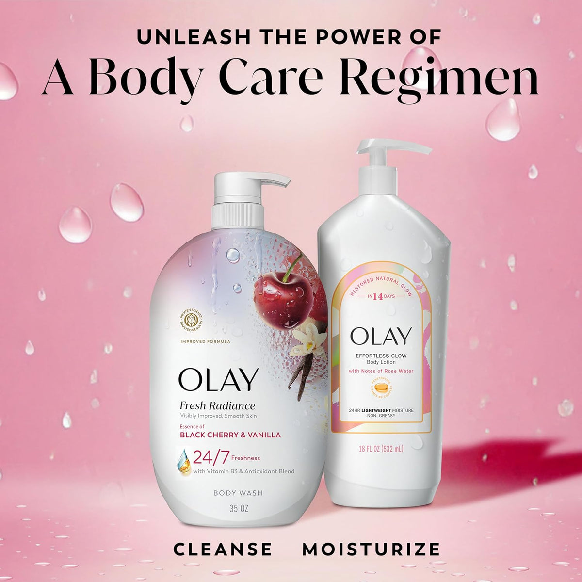 Two Olay body care products on a pink background with text about a body care regimen.