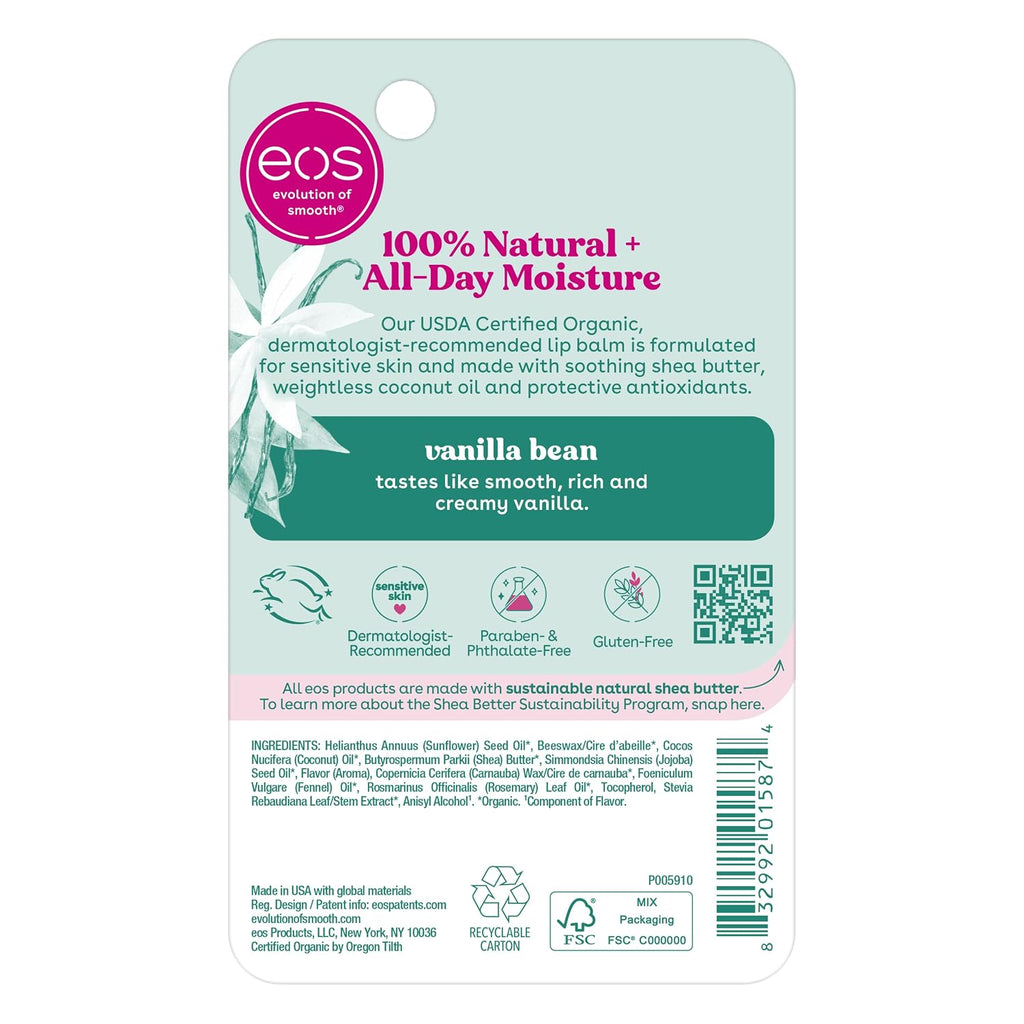 A product information card for EOS Natural of Smocks vanilla bean all-day balm, featuring product details, ingredients, and a QR code on a white background.