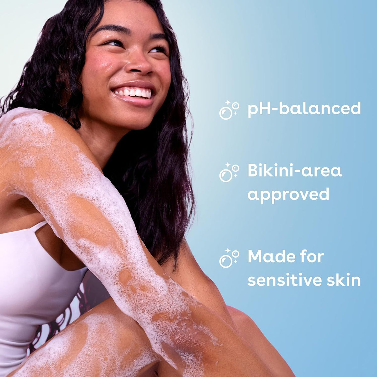 Woman with soapy skin on a light blue background with product features listed.