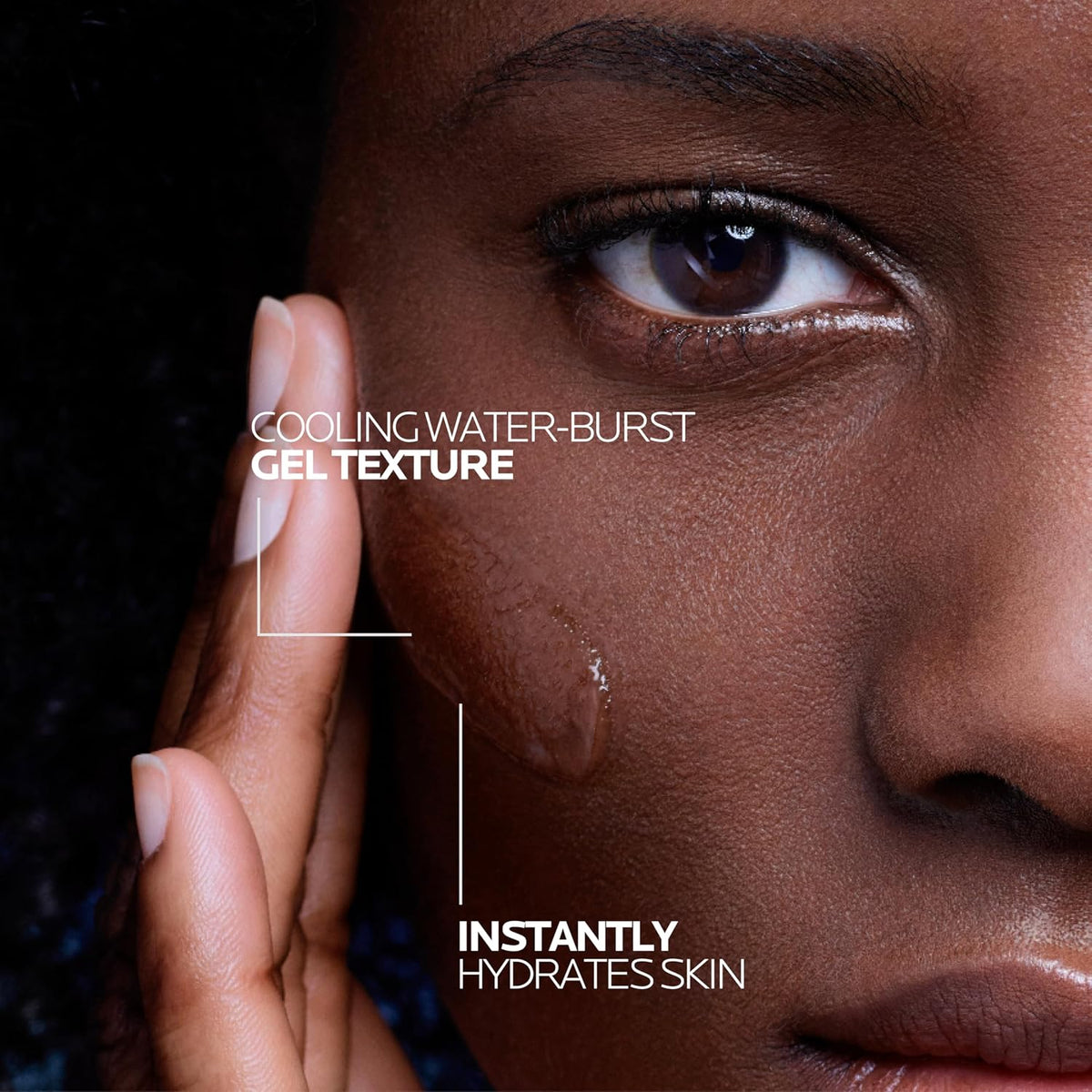 Close-up of a person's face with a drop of cooling water-burst gel texture on their skin.
