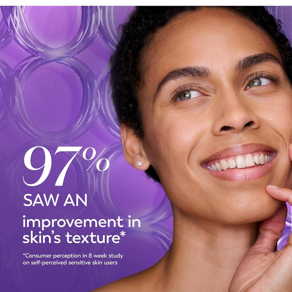 Promotional skincare graphic with a smiling woman touching her cheek against a purple background with text reading '97% SAW AN improvement in skin's texture'.