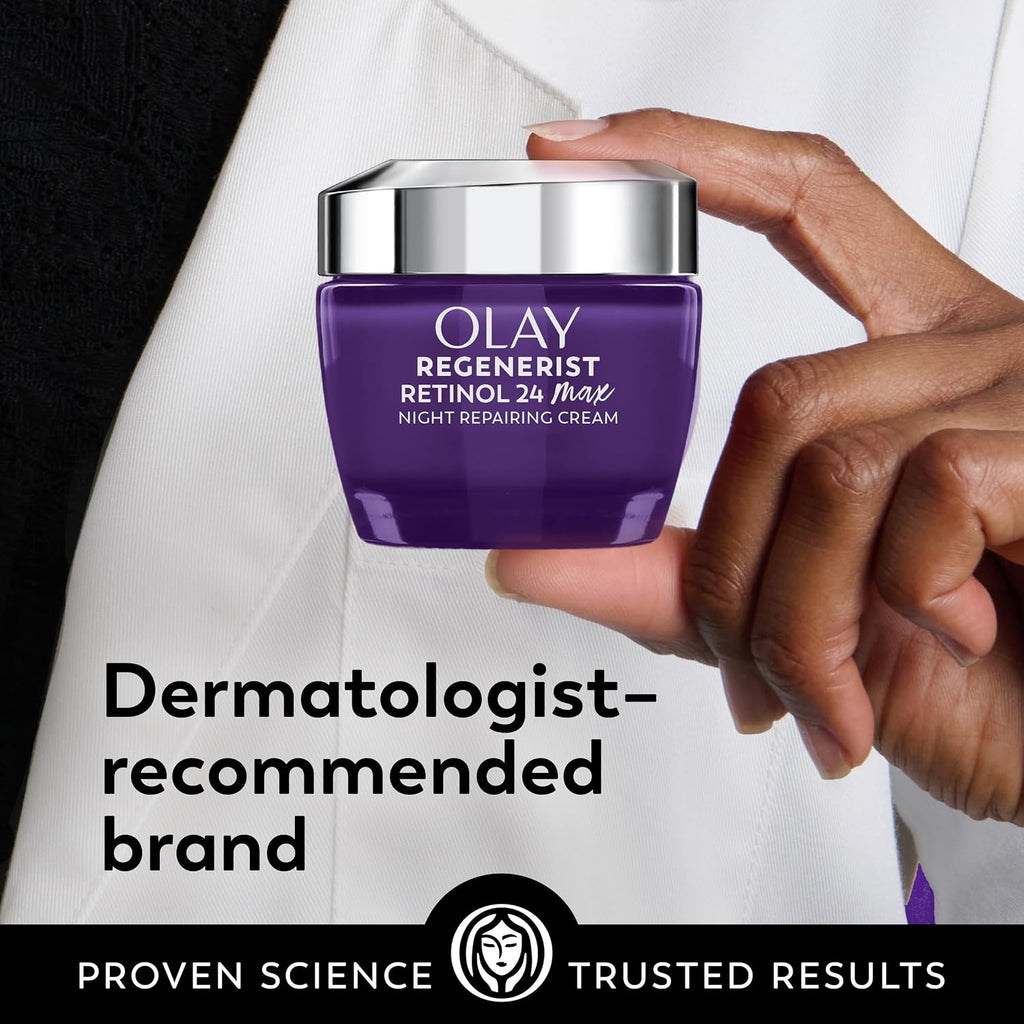 Olay Regenerist cream jar held by a hand with text about dermatologist-recommended brand.