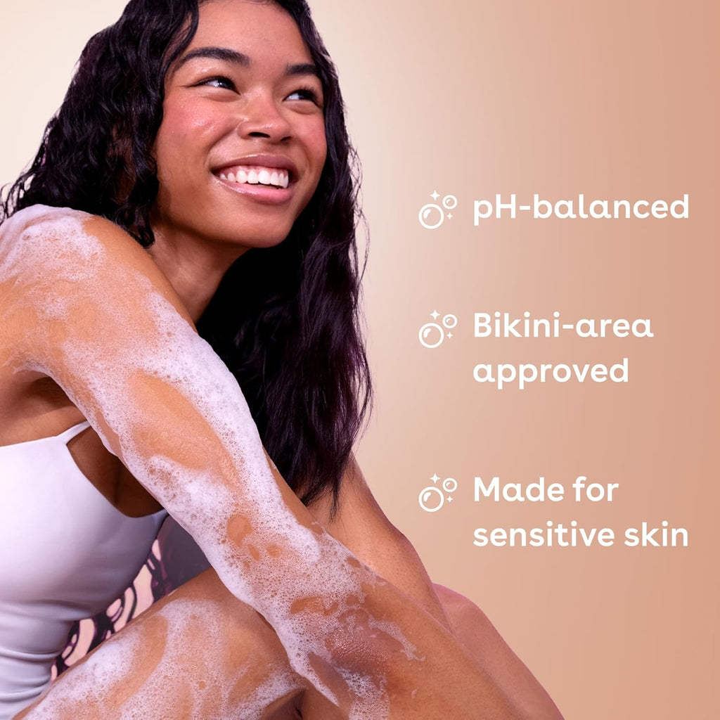 Woman with foamy product on her arm against a pink background with text about product features.