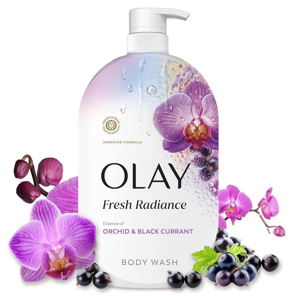 Olay Fresh Radiance body wash bottle with a white pump dispenser, decorated with purple orchids, black currants, and berries on a white background.